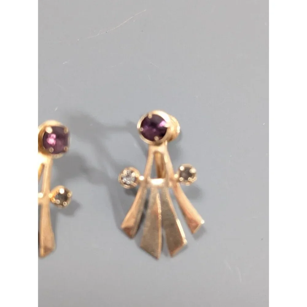 Vintage‎ Gold Tone Art Deco Fan Purple Smokey Rhinestone Screw Back Earrings
